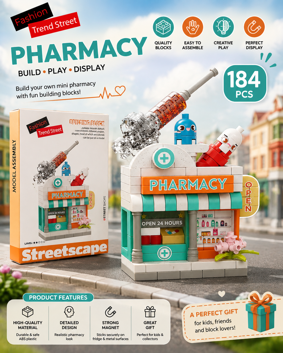 Jookids Pharmacy Micro Building Block Set – Mini Pharmacy Store Building Blocks, Creative DIY Construction Toy, Collectible Display Model, 184 PCS
