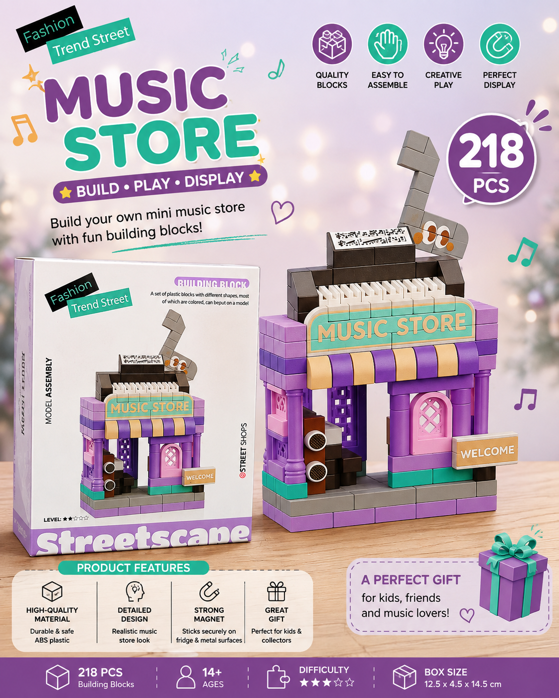Jookids Music Store Micro Building Block Set – Mini Music Shop Building Blocks, Creative DIY Construction Toy, 218 PCS