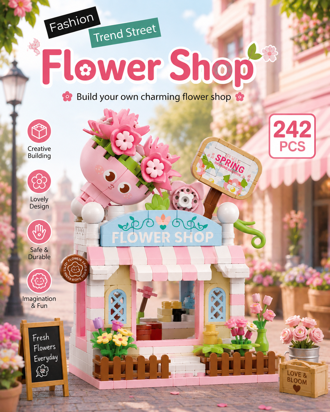 Jookids Flower Shop Micro Building Block Set – Mini Flower Store Building Blocks, Creative DIY Construction Toy, Collectible Display Model, 241 PCS