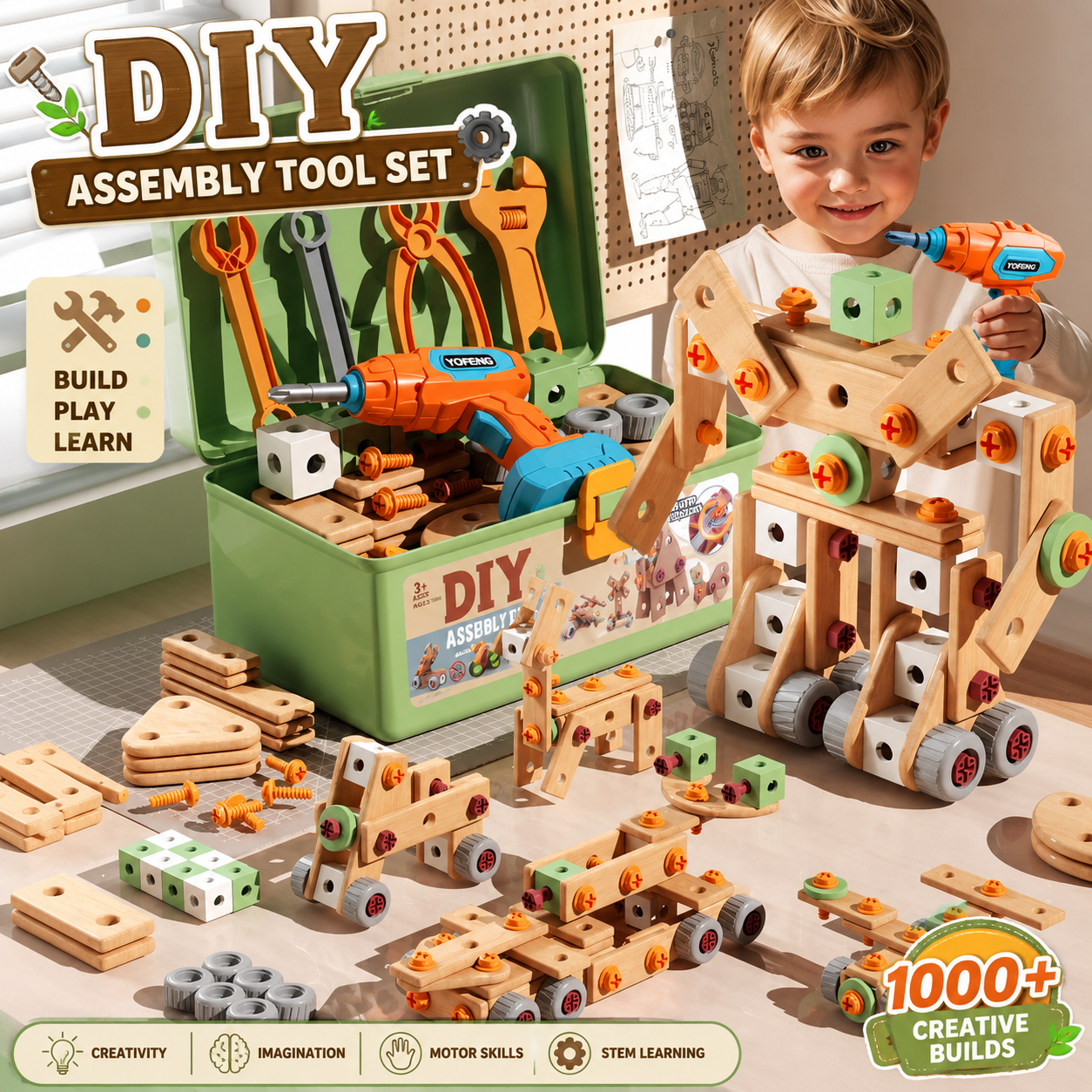 Jookids DIY Tool Box Toy Set with Electric Drill – 145+ Pieces Wooden Construction & Assembly STEM Toy for Kids