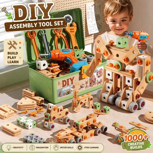 Jookids DIY Tool Box Toy Set with Electric Drill – 145+ Pieces Wooden Construction & Assembly STEM Toy for Kids