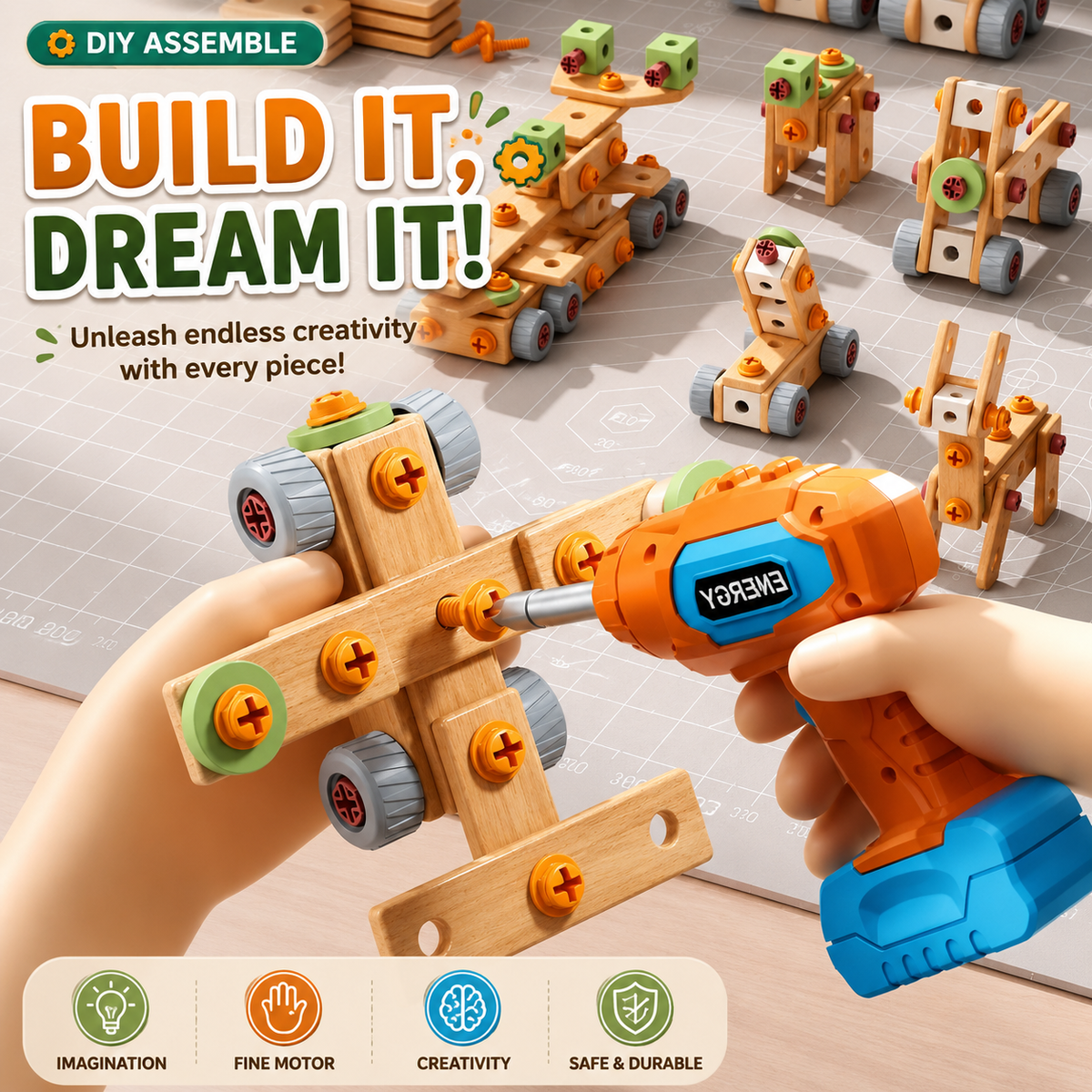 Jookids DIY Tool Box Toy Set with Electric Drill – 145+ Pieces Wooden Construction & Assembly STEM Toy for Kids