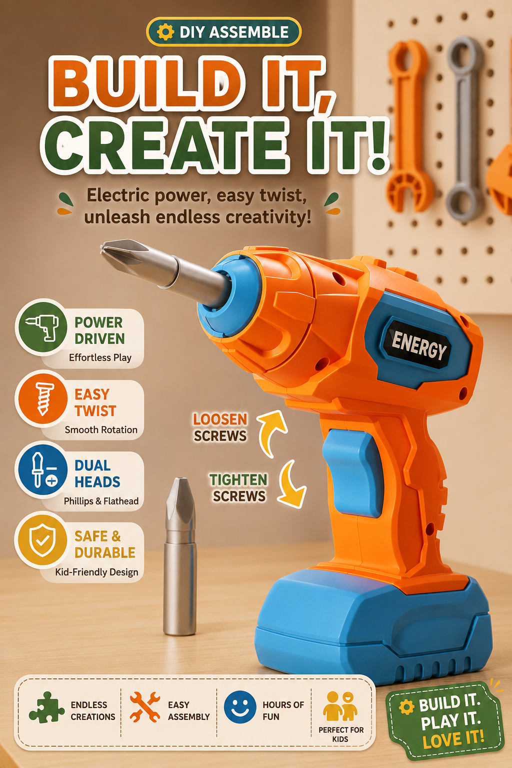 Jookids DIY Tool Box Toy Set with Electric Drill – 145+ Pieces Wooden Construction & Assembly STEM Toy for Kids