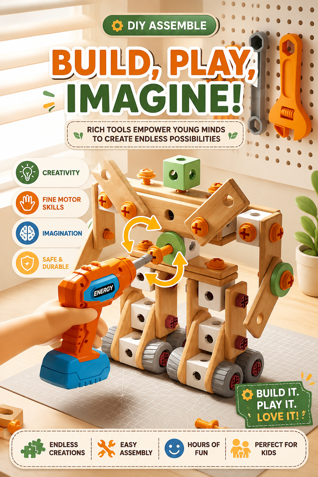 Jookids DIY Tool Box Toy Set with Electric Drill – 145+ Pieces Wooden Construction & Assembly STEM Toy for Kids