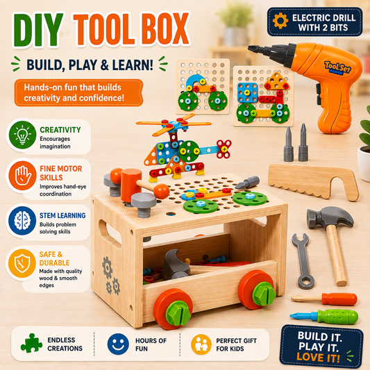 Jookids Wooden Tool Set for Kids – DIY Workbench & Toolbox with Building Parts, Tools and Creative Construction Toys