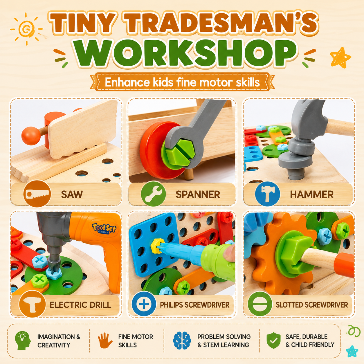 Jookids Wooden Tool Set for Kids – DIY Workbench & Toolbox with Building Parts, Tools and Creative Construction Toys