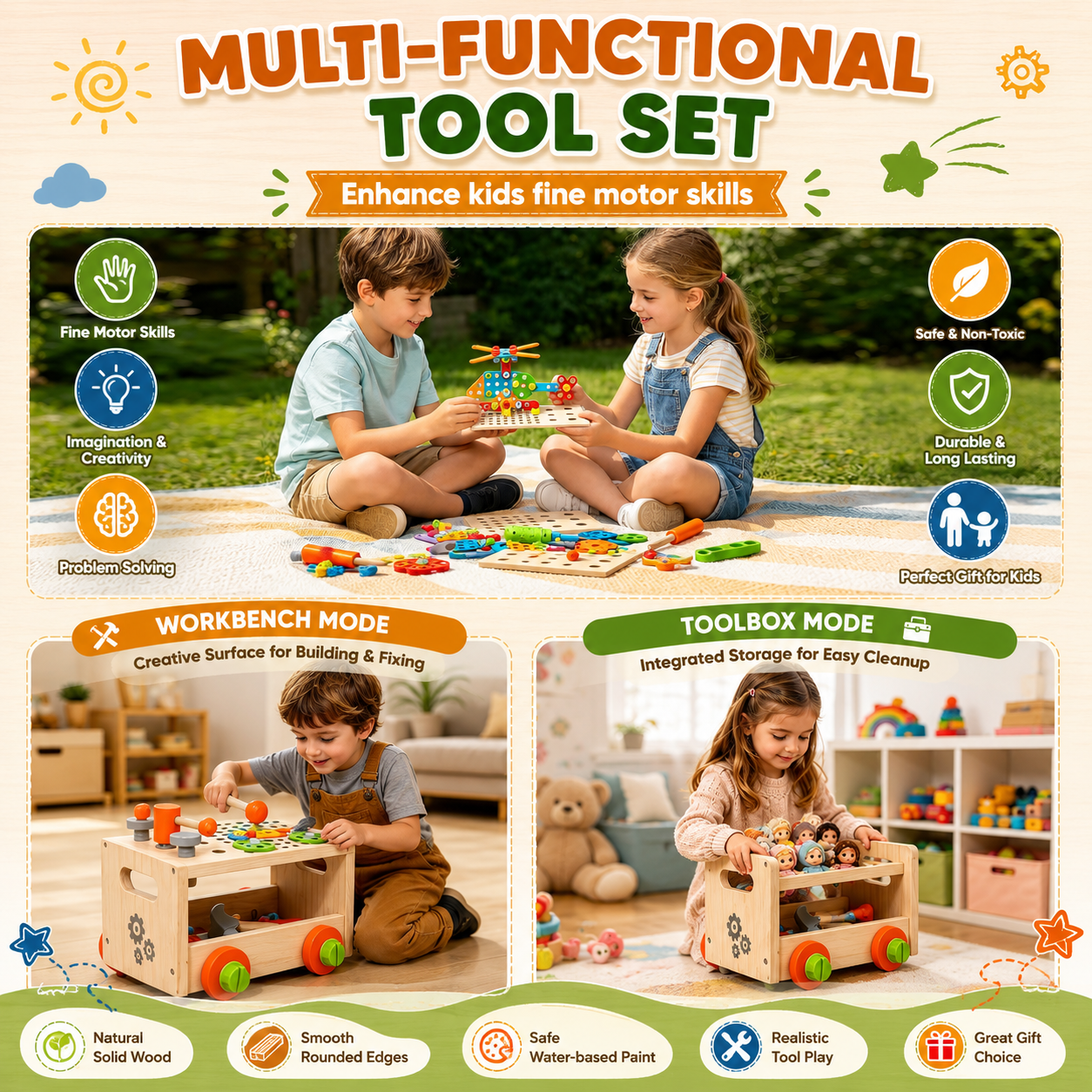 Jookids Wooden Tool Set for Kids – DIY Workbench & Toolbox with Building Parts, Tools and Creative Construction Toys