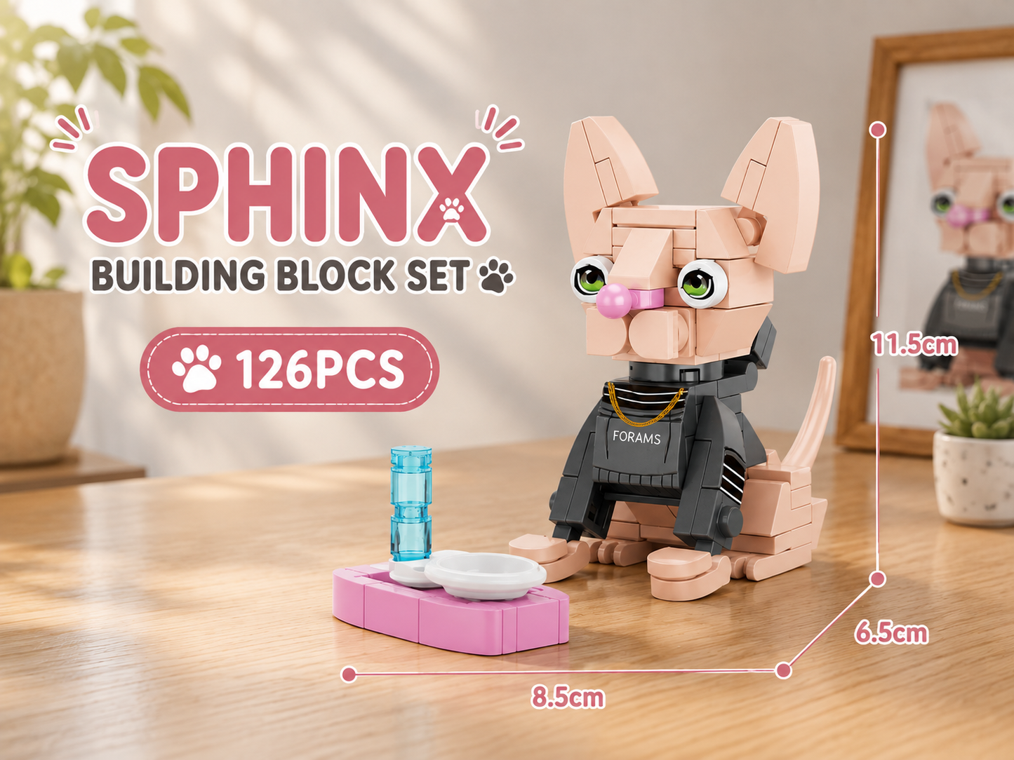 Jookids Sphynx Cat Building Blocks – 126 Pieces | DIY Hairless Cat Brick Toy with Feeding Station | Cute Animal Display Set | Ages 6+