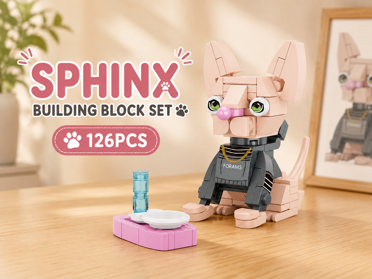 Jookids Sphynx Cat Building Blocks – 126 Pieces | DIY Hairless Cat Brick Toy with Feeding Station | Cute Animal Display Set | Ages 6+