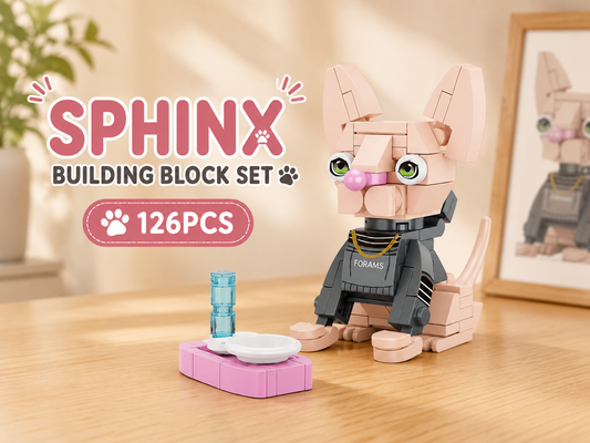 Jookids Sphynx Cat Building Blocks – 126 Pieces | DIY Hairless Cat Brick Toy with Feeding Station | Cute Animal Display Set | Ages 6+