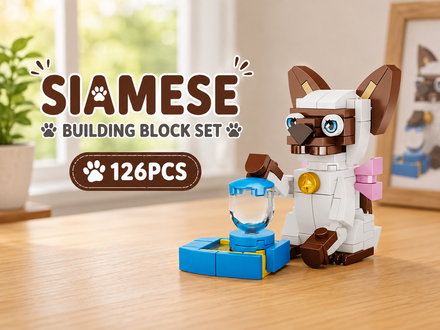 Jookids Siamese Cat Building Blocks – 126 Pieces | DIY Cat Brick Toy with Feeding Station | Cute Animal Display Set | Ages 6+