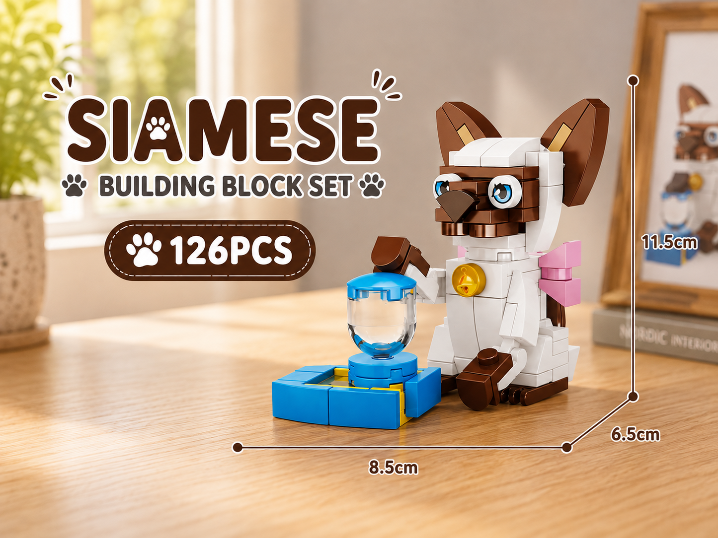 Jookids Siamese Cat Building Blocks – 126 Pieces | DIY Cat Brick Toy with Feeding Station | Cute Animal Display Set | Ages 6+