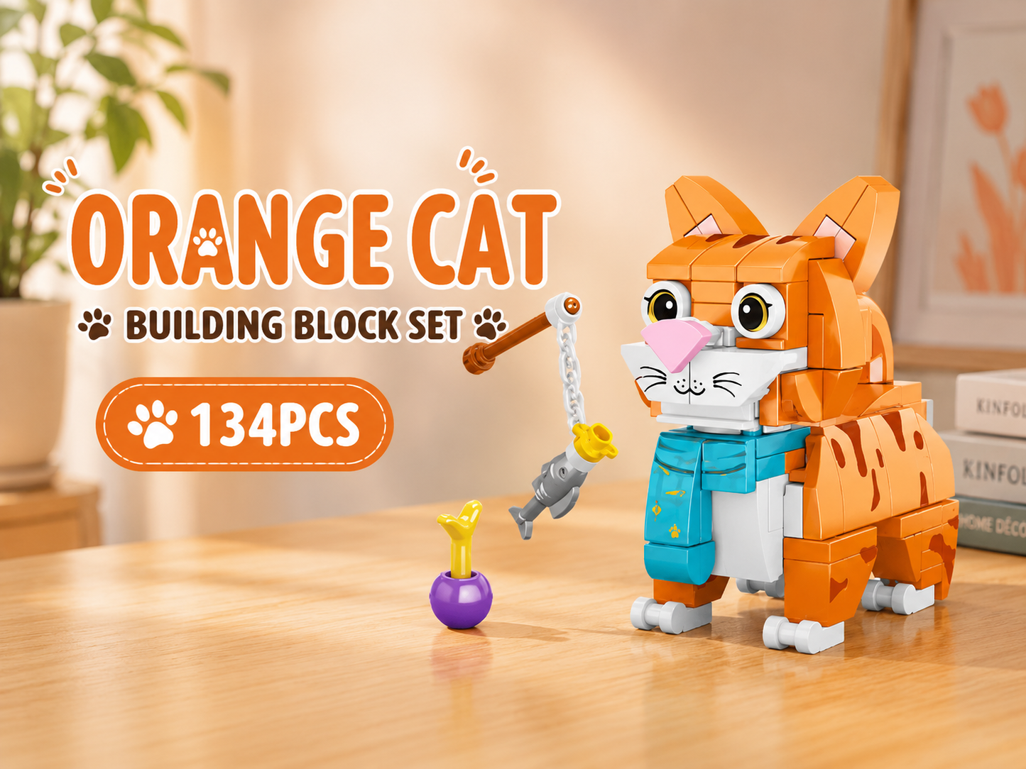 Jookids Orange Cat Building Blocks – 134 Pieces | DIY Cat Brick Toy with Fishing Toy Accessory | Cute Animal Display Set | Ages 6+