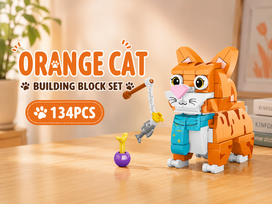 Jookids Orange Cat Building Blocks – 134 Pieces | DIY Cat Brick Toy with Fishing Toy Accessory | Cute Animal Display Set | Ages 6+