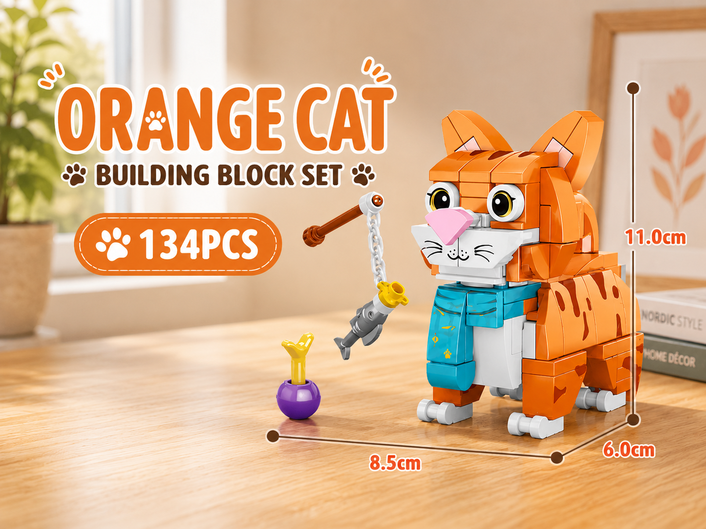 Jookids Orange Cat Building Blocks – 134 Pieces | DIY Cat Brick Toy with Fishing Toy Accessory | Cute Animal Display Set | Ages 6+
