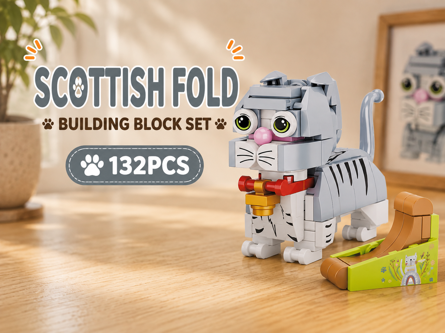 Jookids Scottish Fold Cat Building Blocks – 132 Pieces | DIY Cat Brick Toy with Play Ramp | Cute Animal Display Set | Ages 6+
