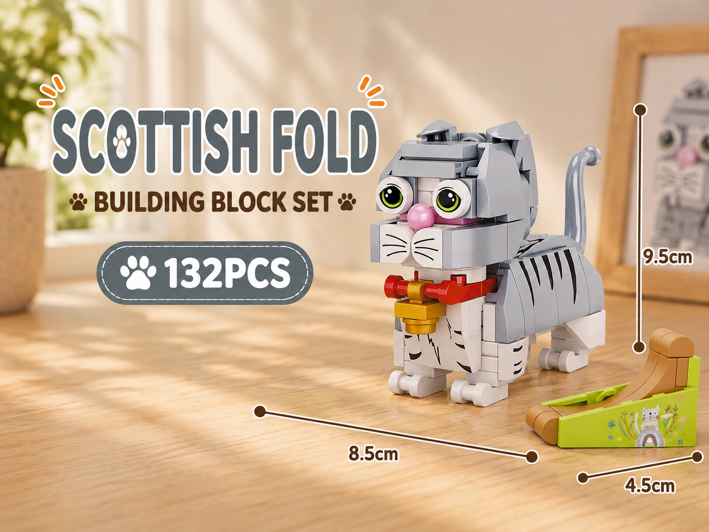 Jookids Scottish Fold Cat Building Blocks – 132 Pieces | DIY Cat Brick Toy with Play Ramp | Cute Animal Display Set | Ages 6+