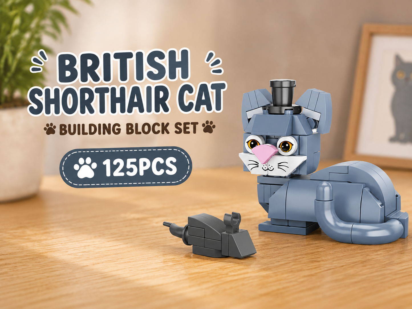 Jookids British Shorthair Cat Building Blocks – 125 Pieces | DIY Cat Brick Toy with Mouse Accessory | Cute Animal Display Set | Ages 6+