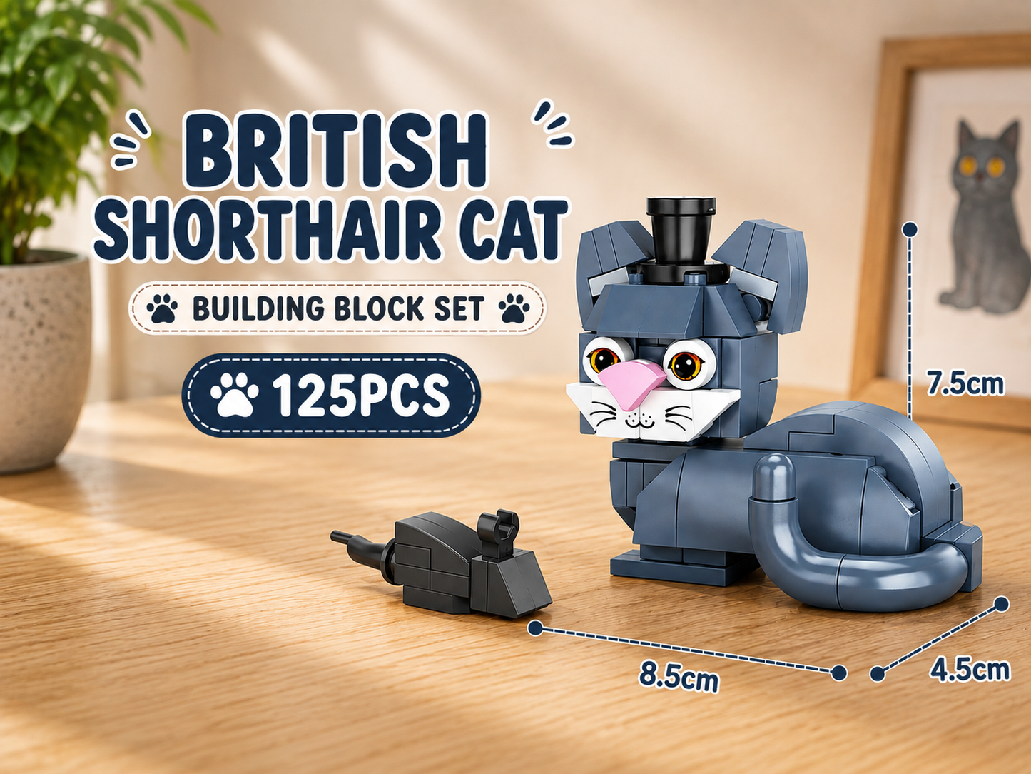 Jookids British Shorthair Cat Building Blocks – 125 Pieces | DIY Cat Brick Toy with Mouse Accessory | Cute Animal Display Set | Ages 6+