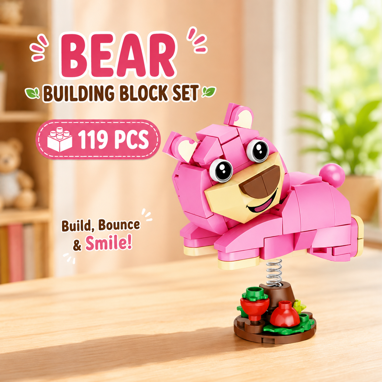 Jookids Spring Bear Building Blocks – 119 Pieces | DIY Bouncing Bear Brick Toy | Cute Animal Display Set | Ages 6+