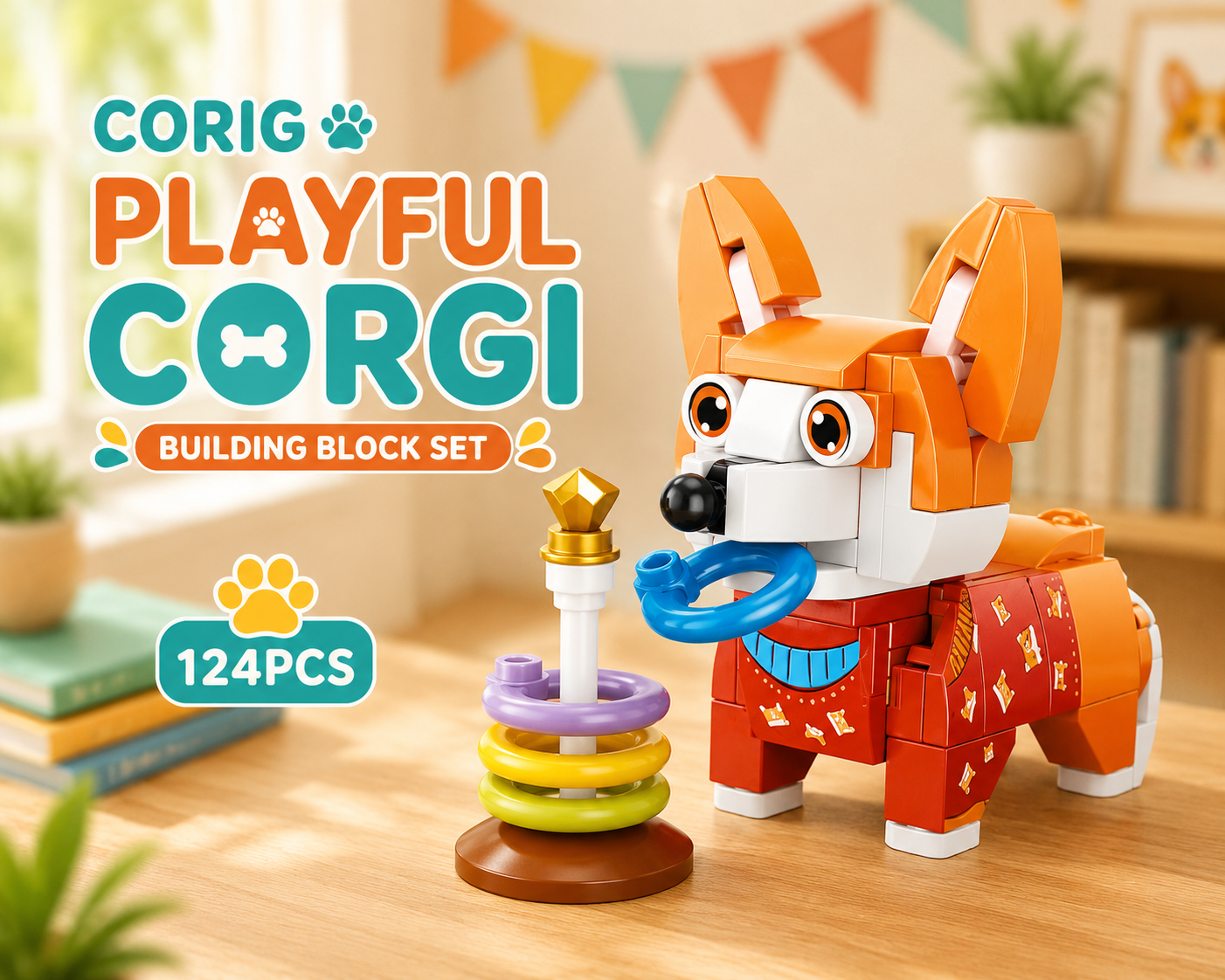 Jookds Playful Corgi Building Blocks – 124 Pieces | DIY Puppy Brick Toy with Ring Stack | Cute Animal Display Set | Ages 6+