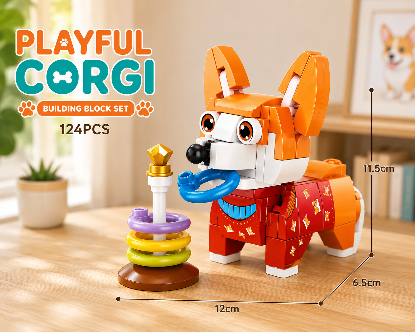 Jookds Playful Corgi Building Blocks – 124 Pieces | DIY Puppy Brick Toy with Ring Stack | Cute Animal Display Set | Ages 6+
