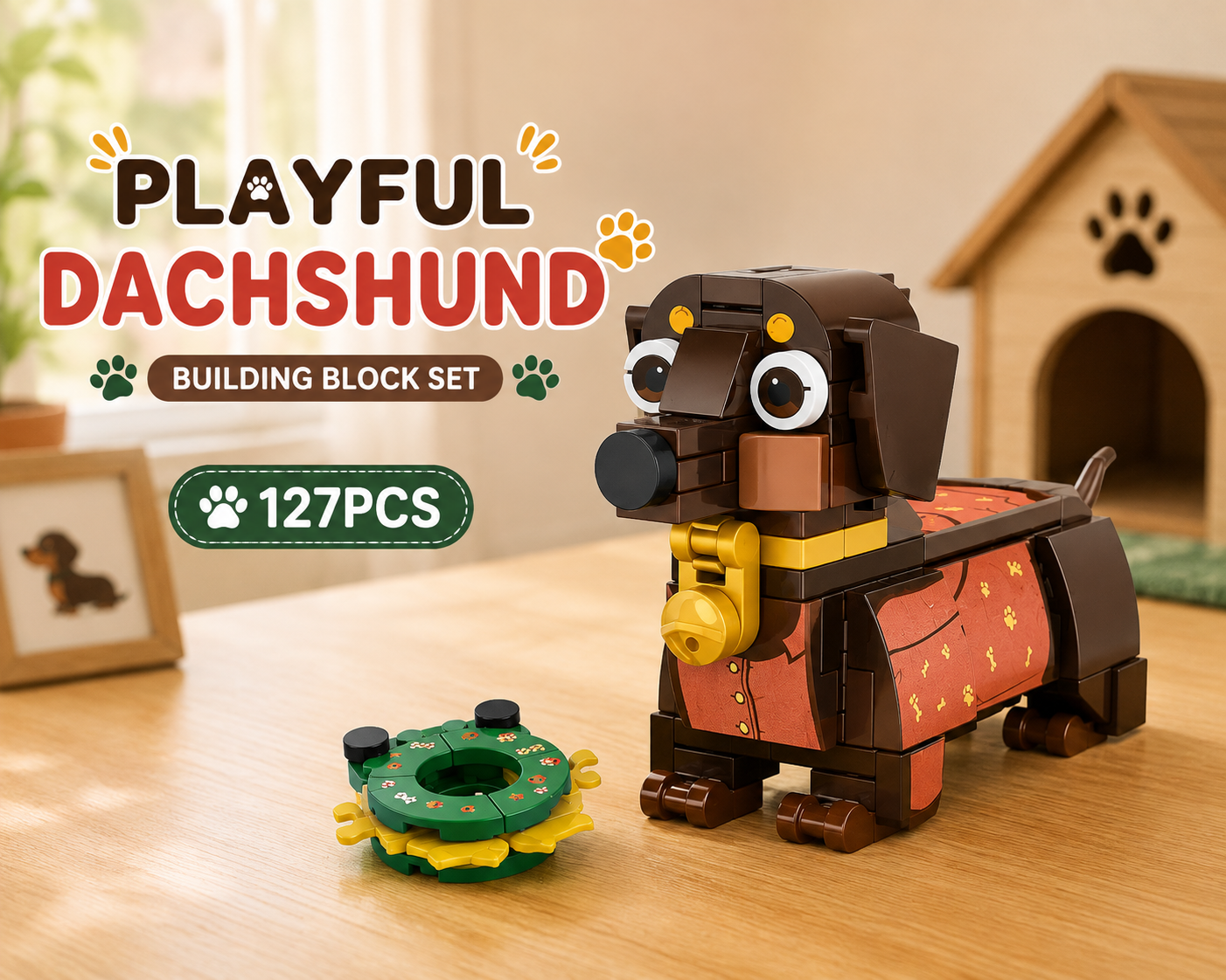 Jookids Playful Dachshund Building Blocks – 127 Pieces | DIY Puppy Brick Toy with Wreath Accessory | Cute Animal Display Set | Ages 6+