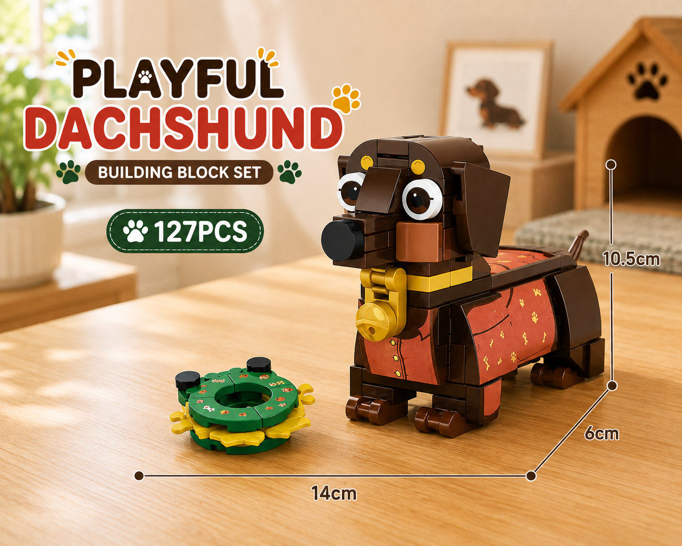 Jookids Playful Dachshund Building Blocks – 127 Pieces | DIY Puppy Brick Toy with Wreath Accessory | Cute Animal Display Set | Ages 6+