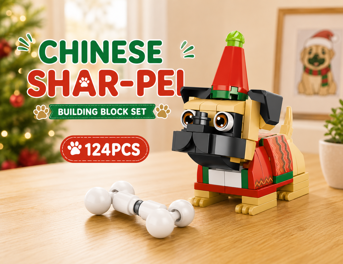 Jookids Chinese Shar-Pei Building Blocks – 124 Pieces | DIY Puppy Brick Toy with Bone Accessory | Cute Animal Display Set | Ages 6+