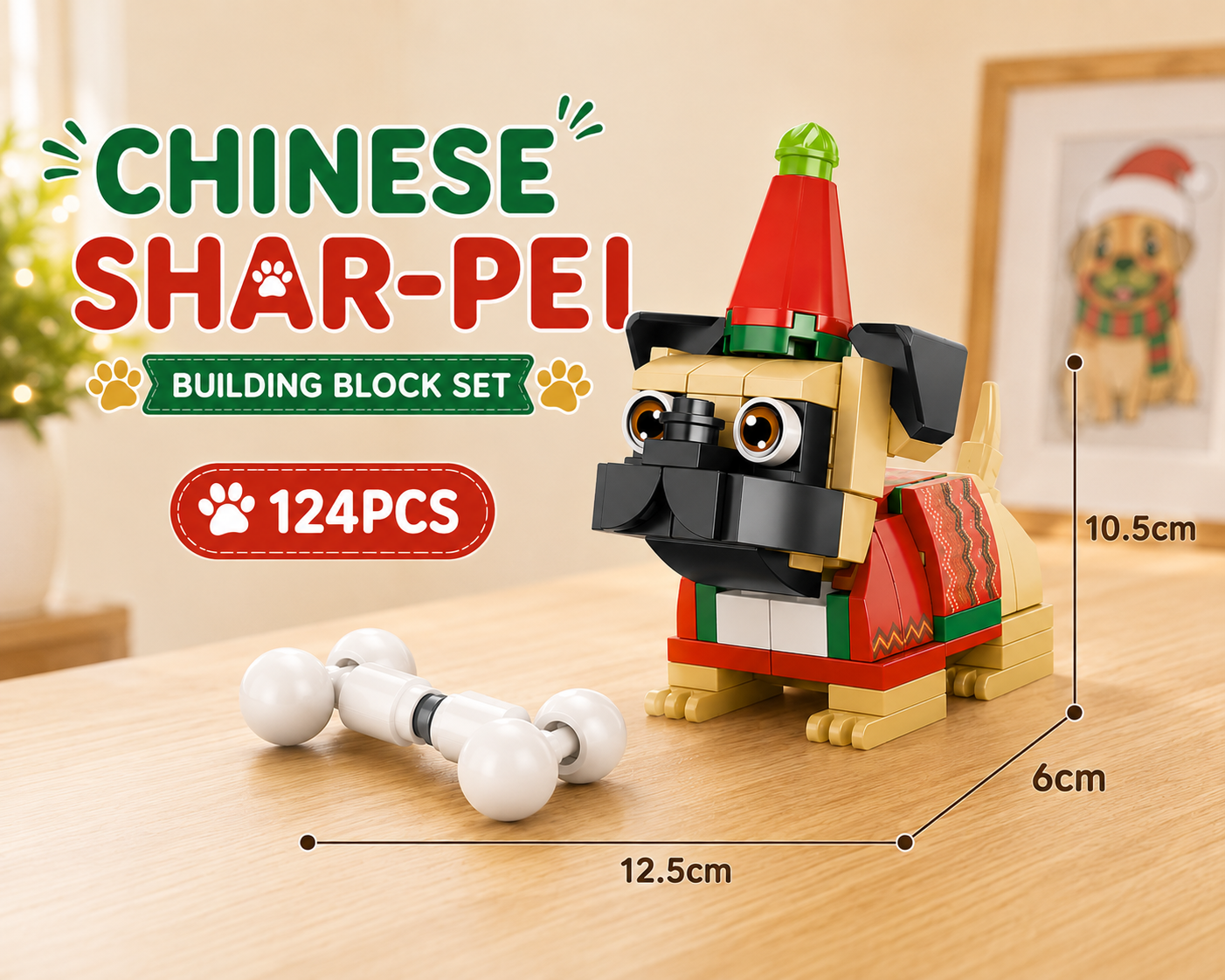 Jookids Chinese Shar-Pei Building Blocks – 124 Pieces | DIY Puppy Brick Toy with Bone Accessory | Cute Animal Display Set | Ages 6+