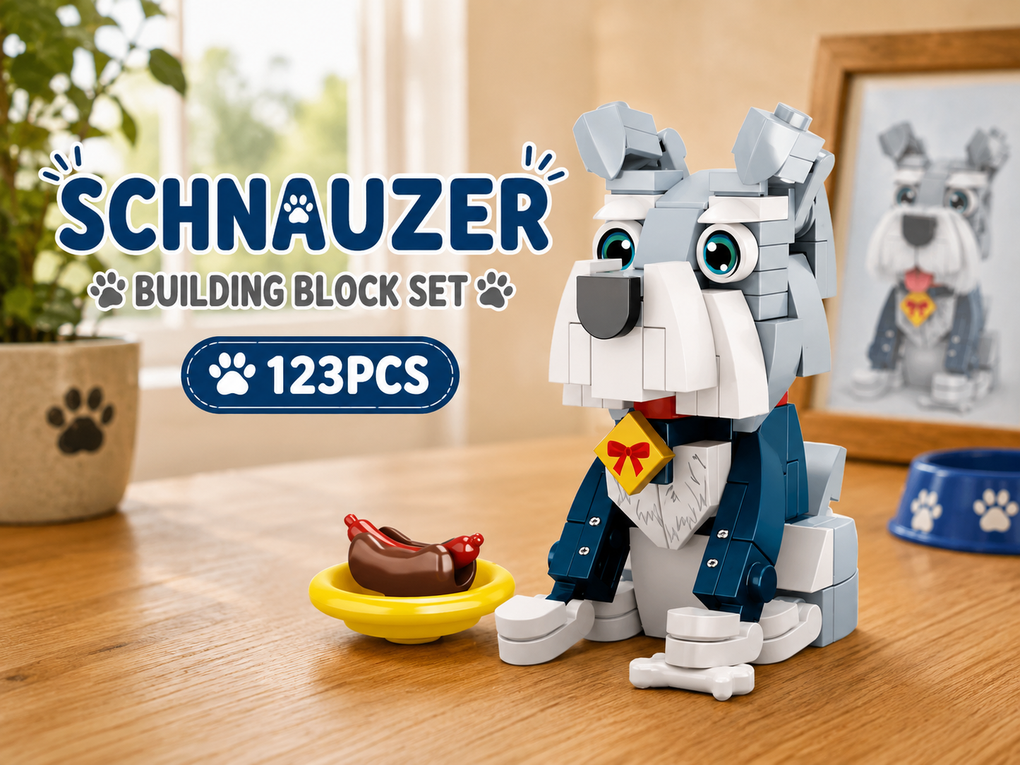 Jookids Schnauzer Building Blocks – 123 Pieces | DIY Puppy Brick Toy with Food Bowl | Cute Animal Display Set | Ages 6+