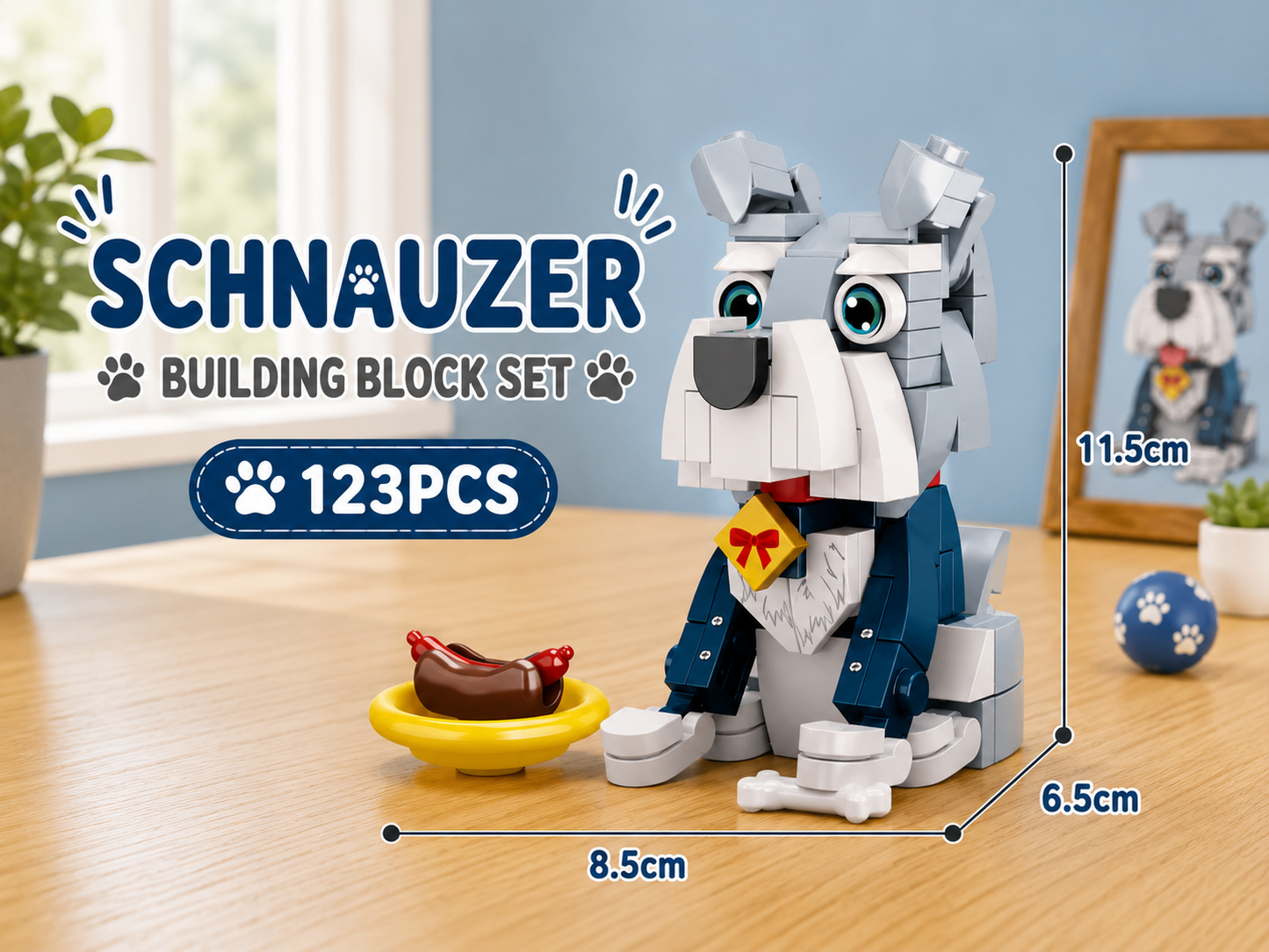 Jookids Schnauzer Building Blocks – 123 Pieces | DIY Puppy Brick Toy with Food Bowl | Cute Animal Display Set | Ages 6+