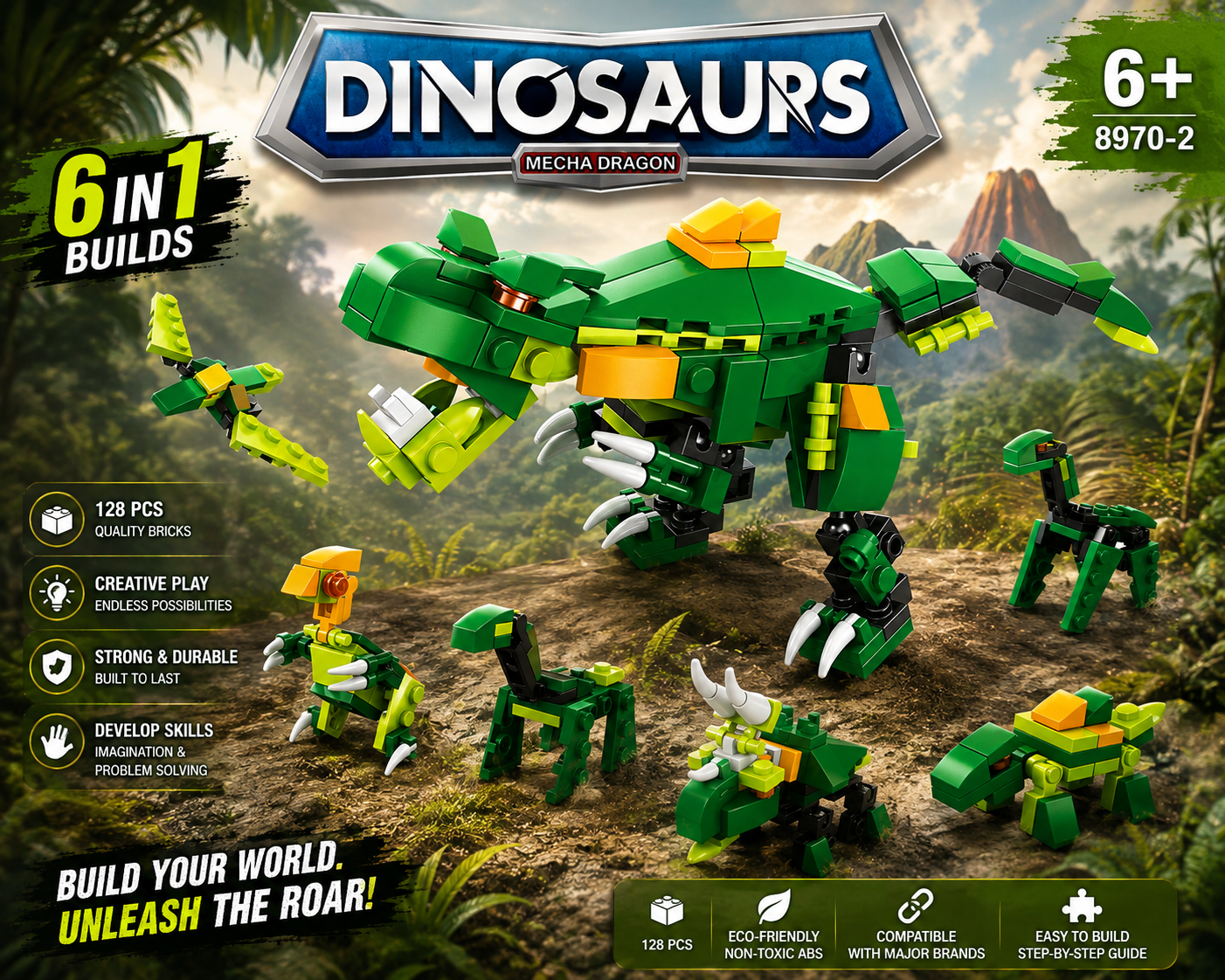 Jookids 6-in-1 Dinosaur Building Blocks Set – 160 PCS Mecha Dragon Construction Toy for Kids 6+