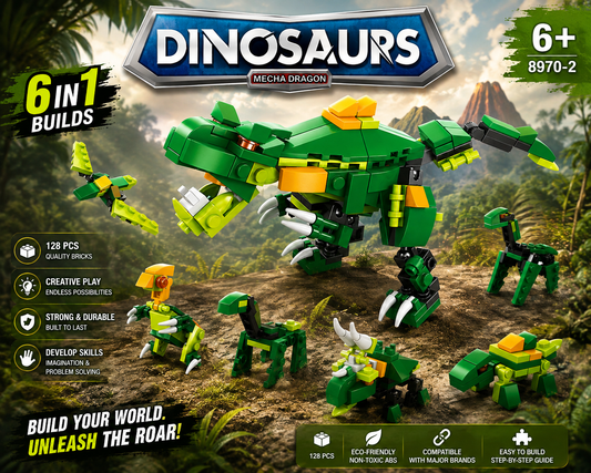 Jookids 6-in-1 Dinosaur Building Blocks Set – 160 PCS Mecha Dragon Construction Toy for Kids 6+