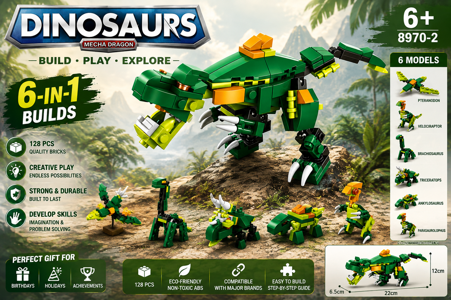 Jookids 6-in-1 Dinosaur Building Blocks Set – 160 PCS Mecha Dragon Construction Toy for Kids 6+