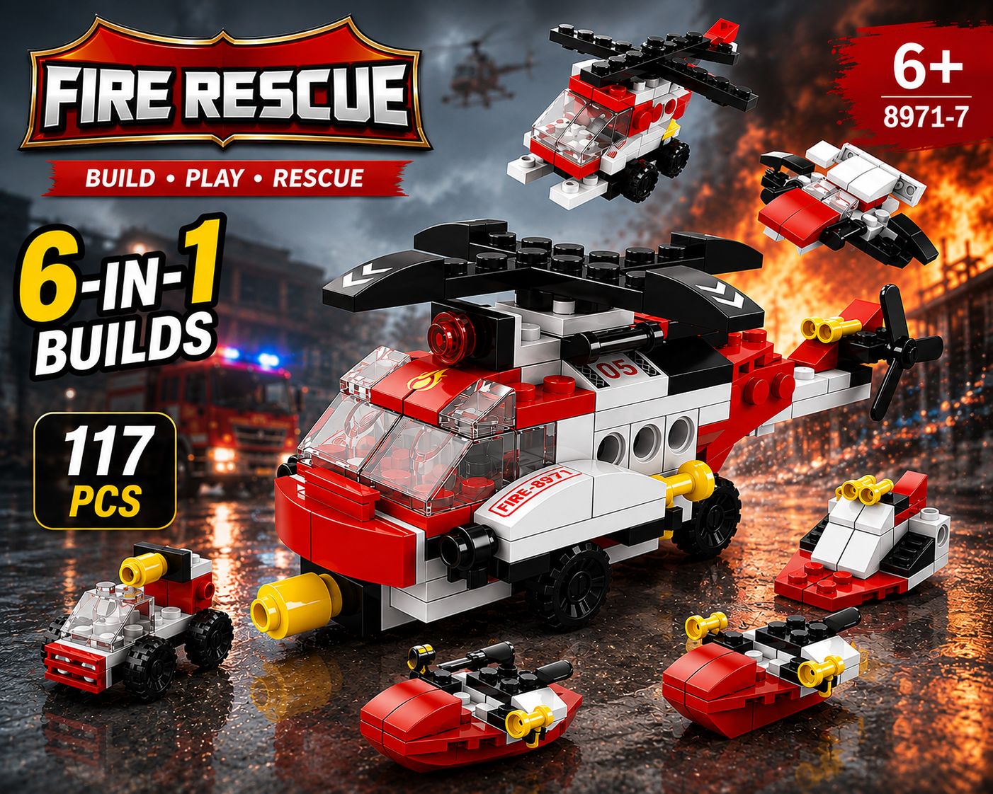 Jookids 6-in-1 Fire Rescue Building Blocks Set – 117 PCS Rescue Helicopter Construction Toy for Kids 6+