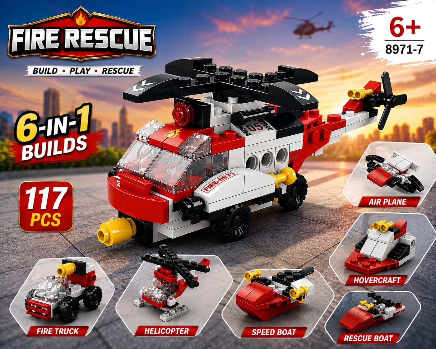Jookids 6-in-1 Fire Rescue Building Blocks Set – 117 PCS Rescue Helicopter Construction Toy for Kids 6+