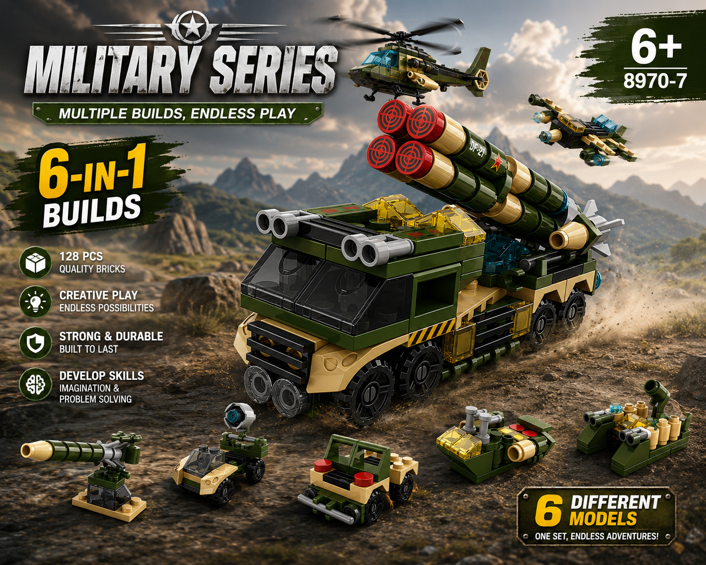 Jookids 6-in-1 Military Series Building Blocks Set – 128 PCS Missile Launcher Truck Construction Toy for Kids 6+