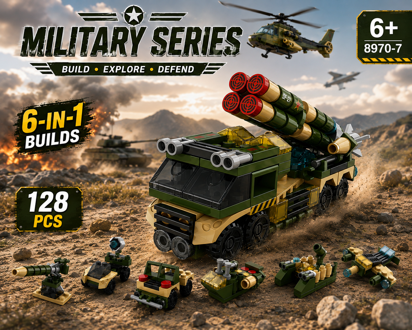 Jookids 6-in-1 Military Series Building Blocks Set – 128 PCS Missile Launcher Truck Construction Toy for Kids 6+