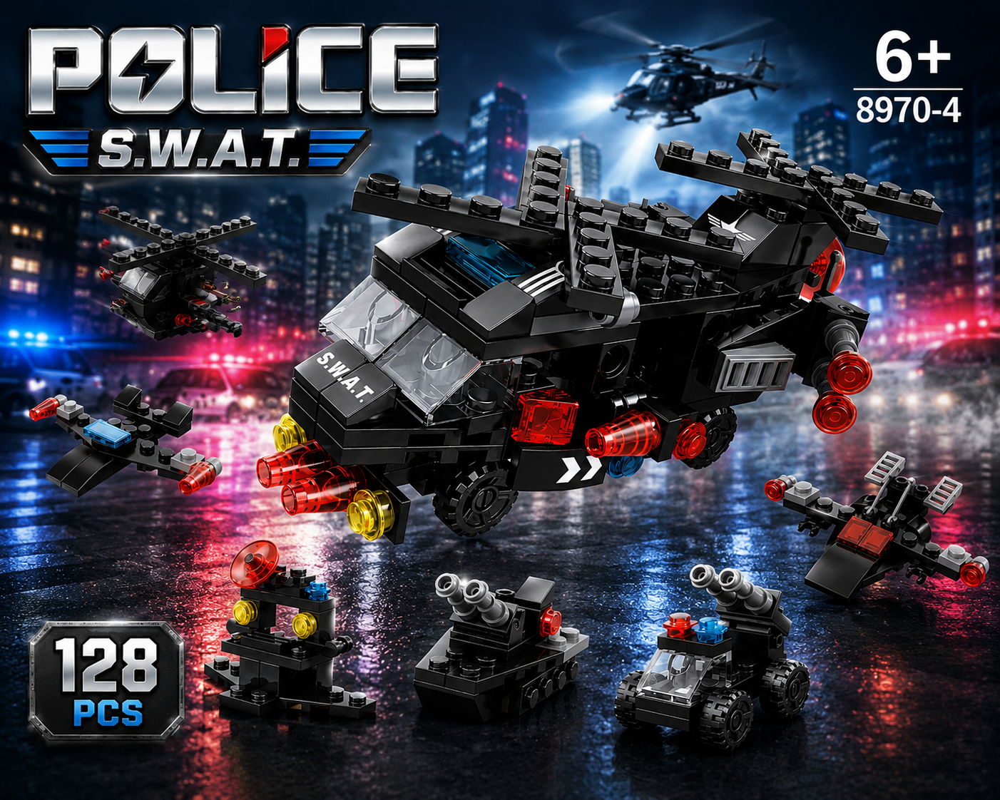 Jookids 6-in-1 Police S.W.A.T. Building Blocks Set – 128 PCS Tactical Helicopter Construction Toy for Kids 6+