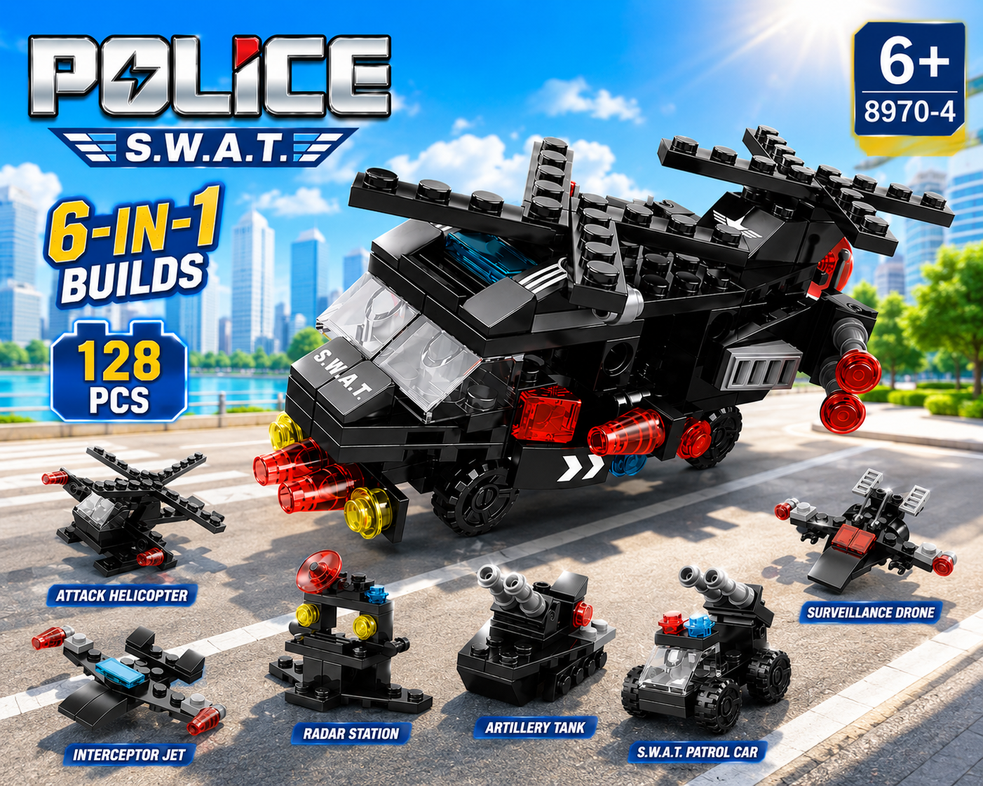 Jookids 6-in-1 Police S.W.A.T. Building Blocks Set – 128 PCS Tactical Helicopter Construction Toy for Kids 6+