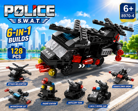 Jookids 6-in-1 Police S.W.A.T. Building Blocks Set – 128 PCS Tactical Helicopter Construction Toy for Kids 6+