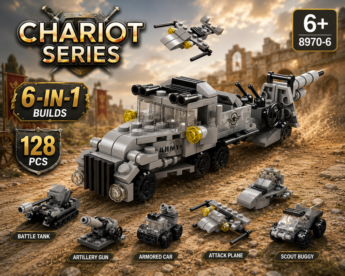 Jookids 6-in-1 Chariot Series Building Blocks Set – 128 PCS Armored Cannon Truck Construction Toy for Kids 6+