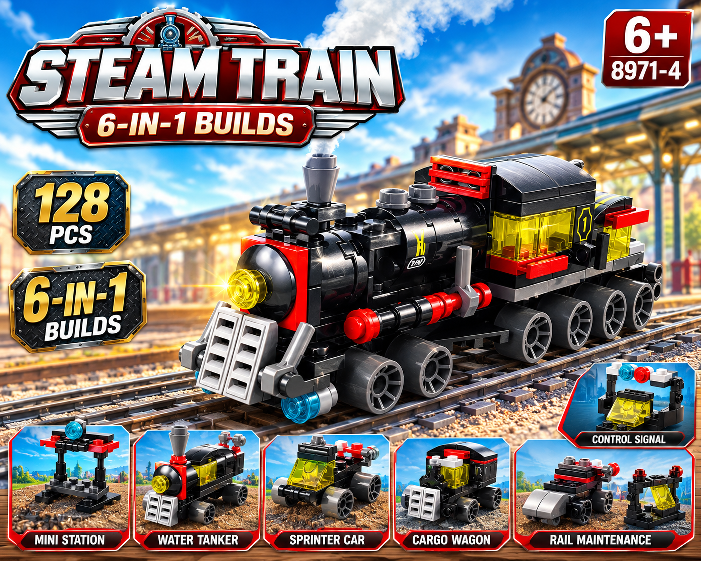 Jookids 6-in-1 Steam Train Building Blocks Set – 128 PCS Classic Locomotive Construction Toy for Kids 6+