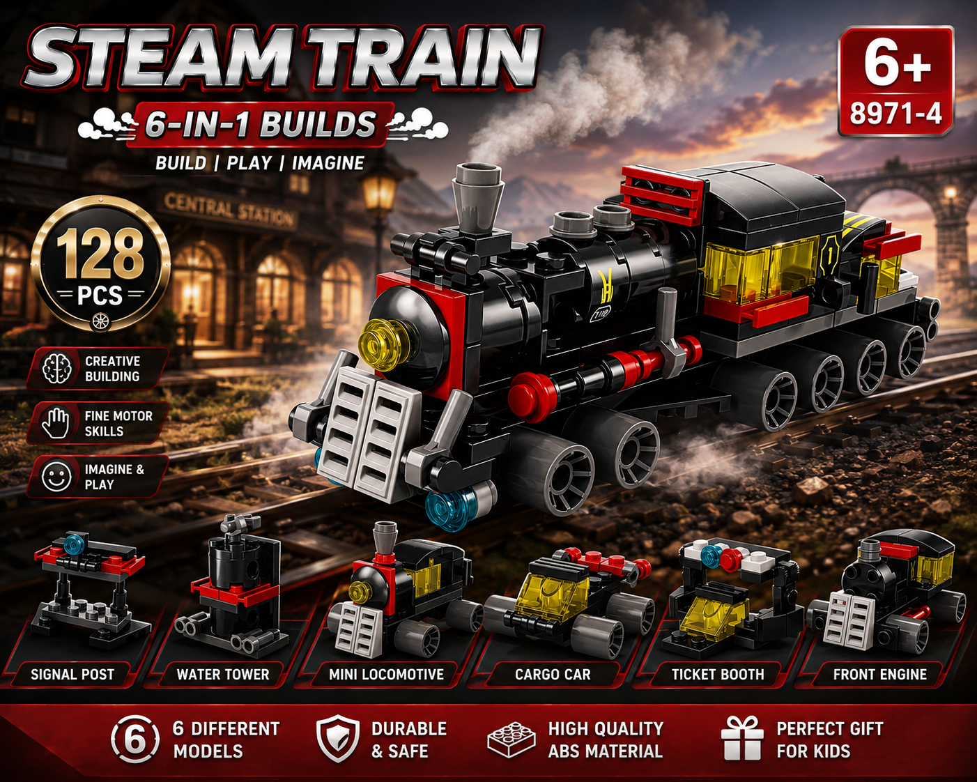 Jookids 6-in-1 Steam Train Building Blocks Set – 128 PCS Classic Locomotive Construction Toy for Kids 6+