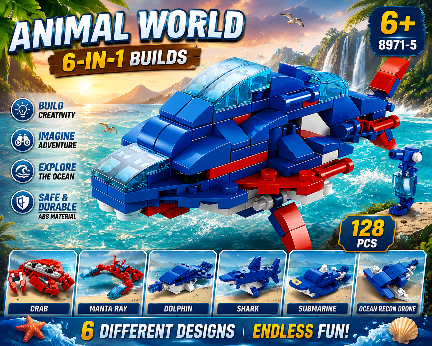 Jookids 6-in-1 Animal World Building Blocks Set – 128 PCS Ocean Adventure Construction Toy for Kids 6+
