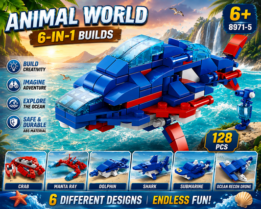 Jookids 6-in-1 Animal World Building Blocks Set – 128 PCS Ocean Adventure Construction Toy for Kids 6+