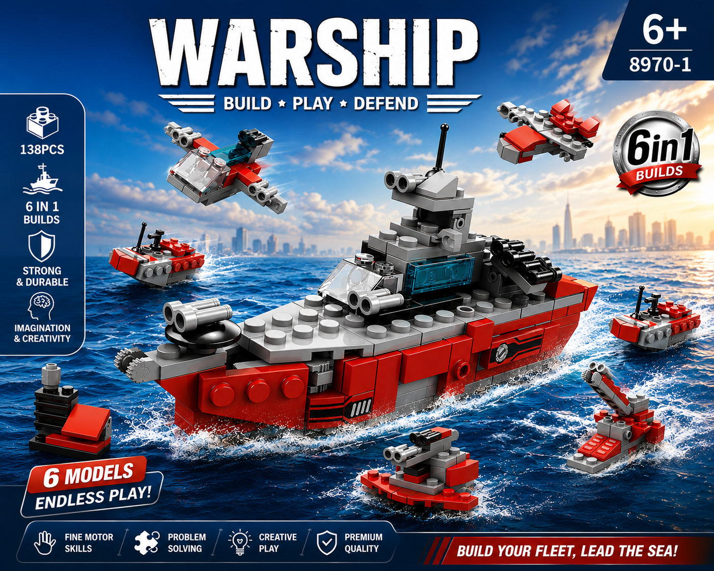 Jookids 6-in-1 Warship Building Blocks Set – 138 PCS Military Ship Construction Toy for Kids 6+