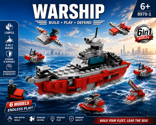 Jookids 6-in-1 Warship Building Blocks Set – 138 PCS Military Ship Construction Toy for Kids 6+