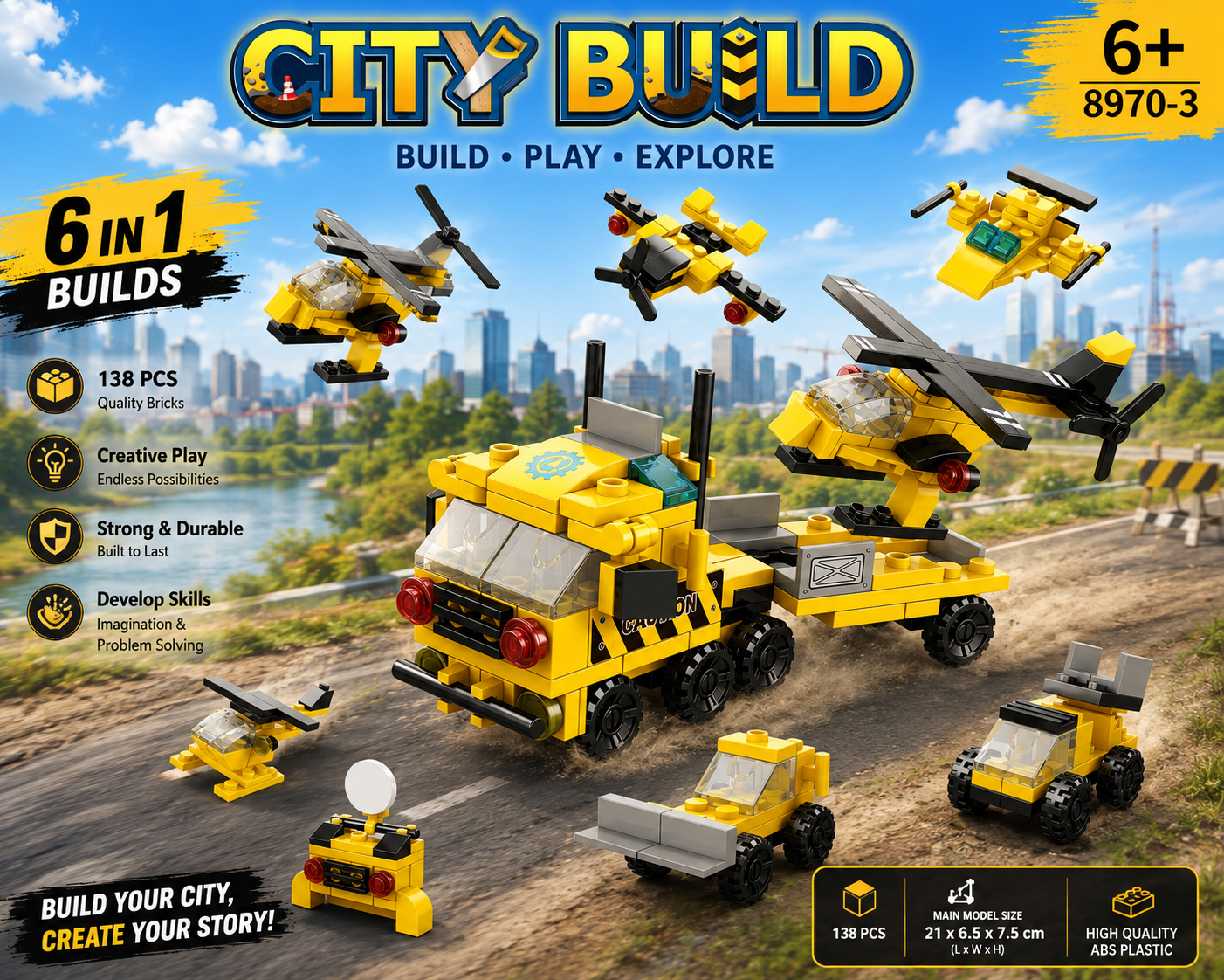 Jookids 6-in-1 City Build Construction Truck Building Blocks Set – 118 PCS Helicopter Carrier Toy for Kids 6+